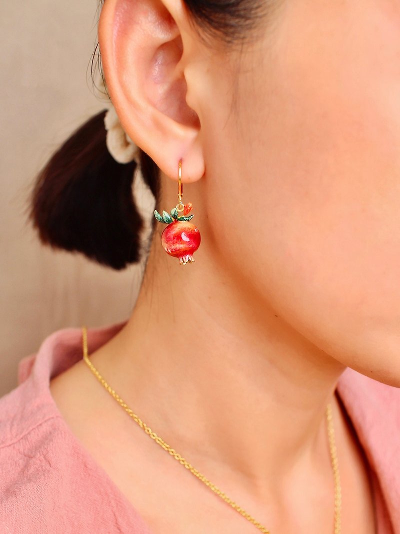 Pomegranate Earrings, Fruity Blossom, Enamel Jewelry - 耳環/耳夾 - 其他金屬 紅色