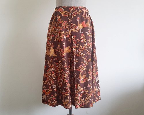 PaiissaraEveryday 25 Waist Vintage Orange Brown Bird Print Skirt Womens Cotton Midi Skirt XS