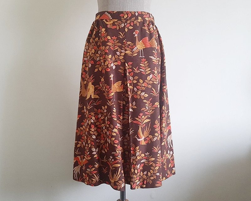 25 Waist Vintage Orange Brown Bird Print Skirt Womens Cotton Midi Skirt XS - 裙子/長裙 - 棉．麻 咖啡色