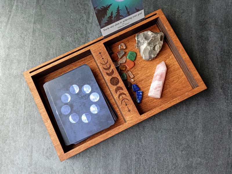 Trinkets storage and tarot card display box - tray Moon phase hand painted - 擺飾/家飾品 - 木頭 咖啡色