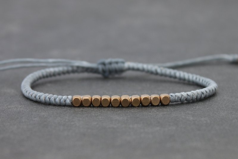 Cube Brass Beads Grey Woven Bracelets Simple Basic Unisex Brass Beaded - สร้อยข้อมือ - ทองแดงทองเหลือง สีเทา