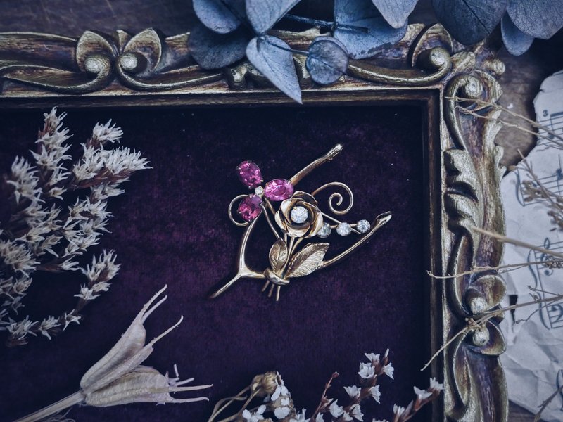 Coro 粉紅花束玫瑰藤蔓許願骨胸針－美國古董首飾Vintage Jewelry - 胸針 - 其他金屬 