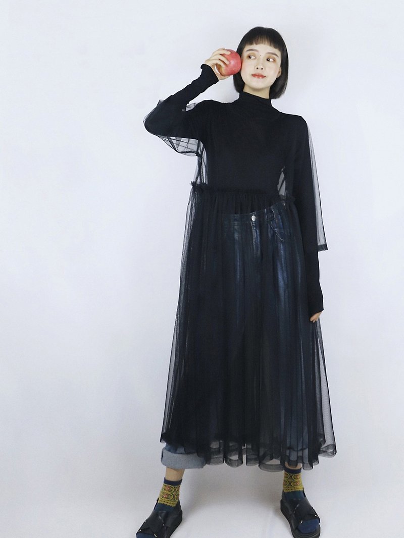 Handmade mesh dress long layered gauze skirt - One Piece Dresses - Polyester Black