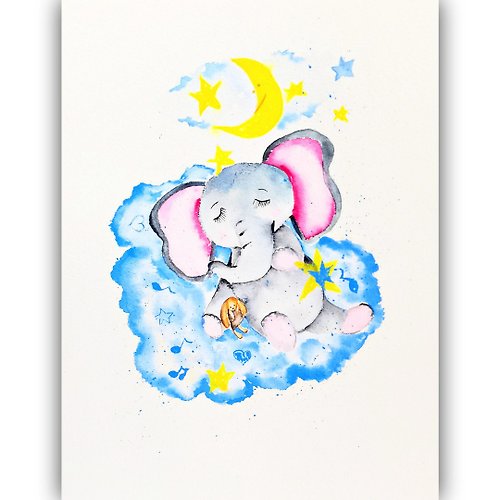 RayLarArt Watercolor Original Elephant Sleeping Room Decor Elephant on Cloud Baby Art
