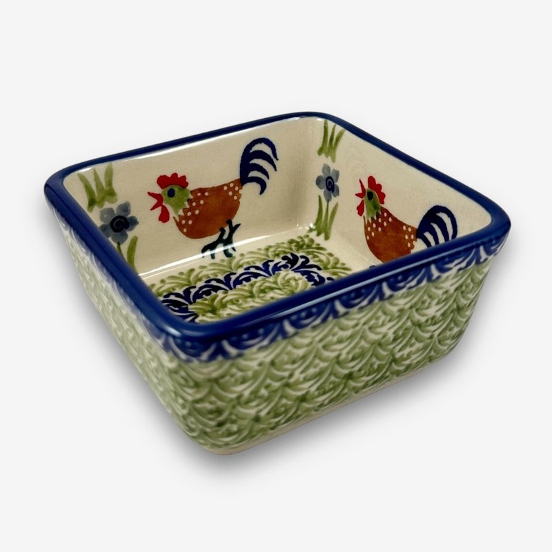 Polish hand-painted handmade pottery-square bowl 10cm Greenland Rooster Series designer model - ถ้วยชาม - ดินเผา สีเขียว