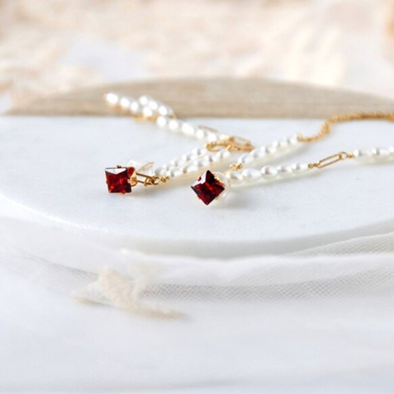 14kgf/ red garnet x long pearl earrings - Earrings & Clip-ons - Gemstone 