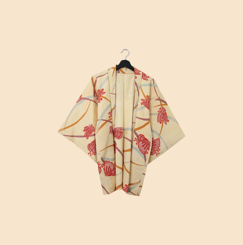 Back to Green-日本帶回羽織淺黃底 繽紛彩帶kb-36/vintage - 女大衣/外套 - 絲．絹 