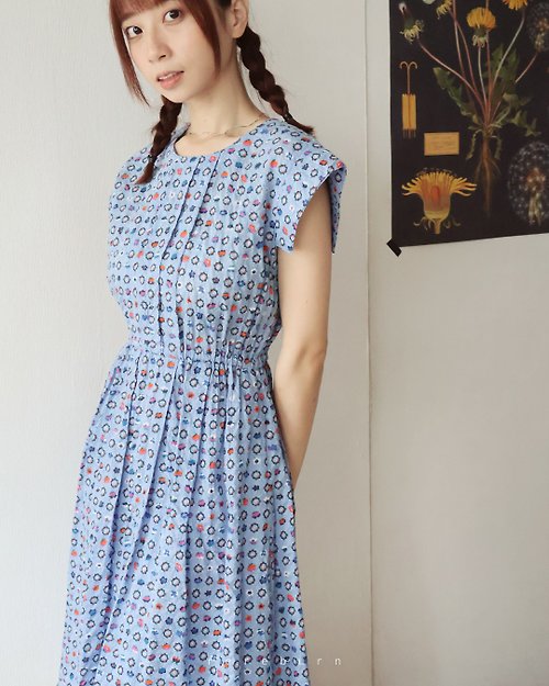 REreburn 日系昭和風復古剪裁印花藍色短袖古著洋裝