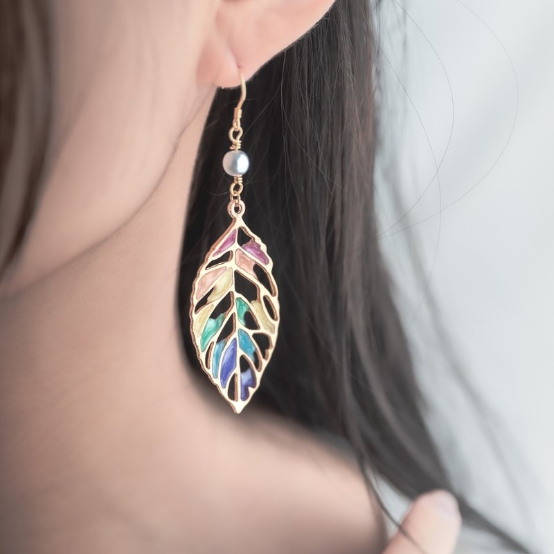 彩虹葉脈 925銀針 可改耳夾 - 耳環/耳夾/耳骨夾 - 樹脂 多色