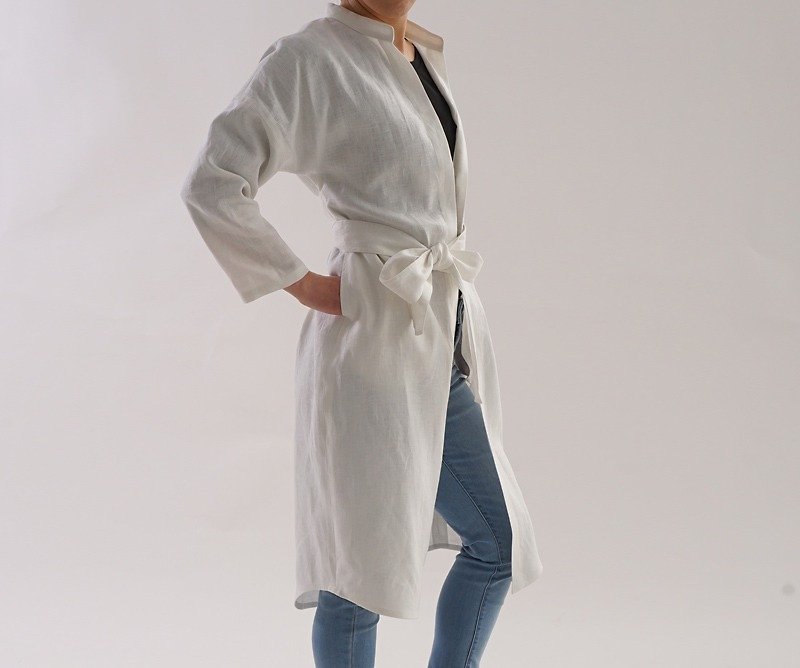 Belgium linen stand collar long shirt / white b28-2 - Women's Tops - Cotton & Hemp White