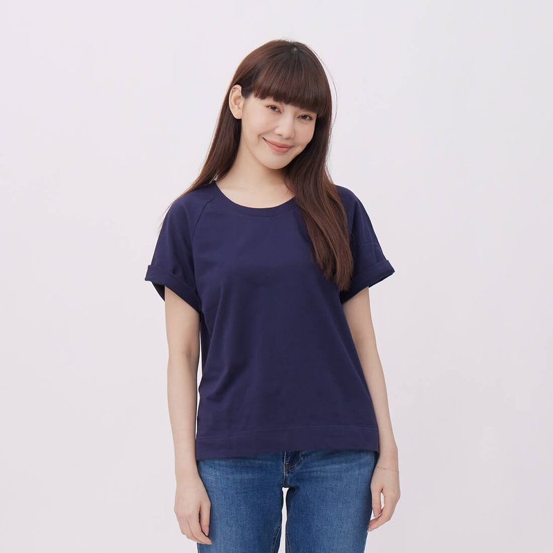 法國小毛圈寬版上衣/深藍 新拍版 - 女 T 恤 - 棉．麻 藍色