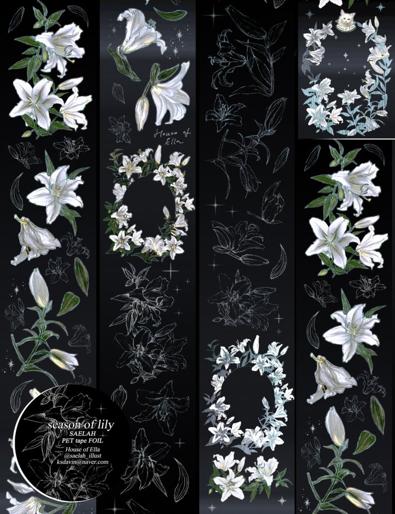 Season of Lily SILVER Foil Glossy PET Tape Washi tape floral collage material - 紙膠帶/和紙/PET - 塑膠 銀色