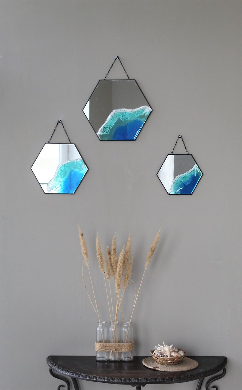 玻璃 壁貼/牆壁裝飾 藍色 - Set of 3 decorative mirrors, Mirrors with the sea, Nautical decor
