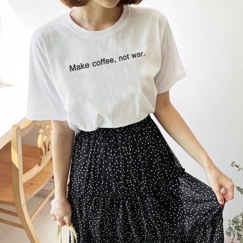 hipster Make coffee not war 男女短袖T恤 白色 咖啡文字英文格言手工