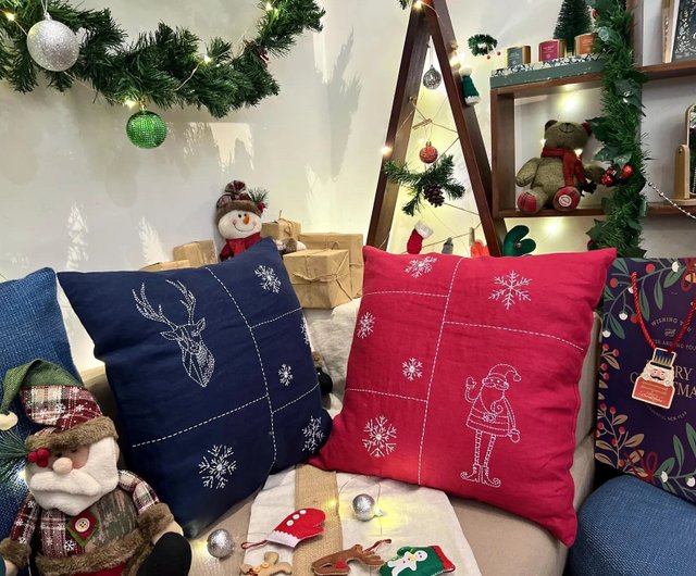 レッド クリスマス リネン クッションカバー – 手刺繍 刺し子