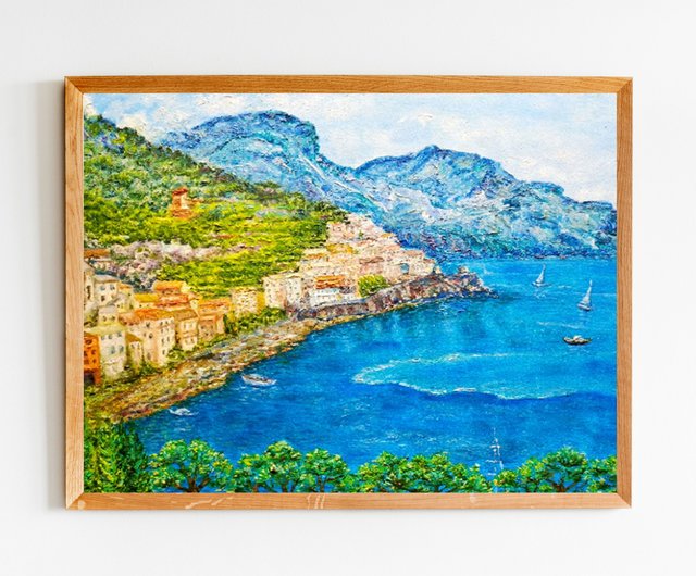 海景イタリア油絵、オリジナルアート、海岸絵画、山の壁の装飾