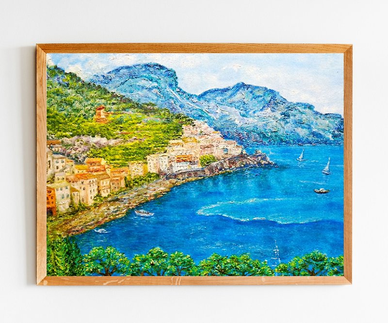 Seascape Italy Oil Painting,Original Art, Coast Painting,Mountains Wall Decor, - Wall Décor - Wood Blue