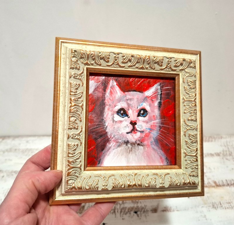 Mini White Kitten Original Acrylic Painting Framed Lovely Gift - 壁貼/牆壁裝飾 - 其他材質 多色