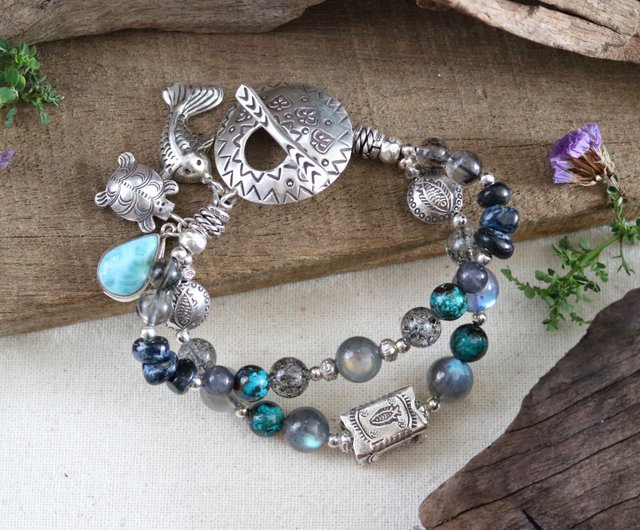 Mixed Crystal Beach Bracelet with Fish Karen Silver Beads
