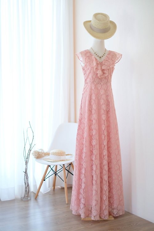 KEERATIKA Pink Nude Lace Maxi dress Summer dress Bridesmaid dress Cocktail party dress