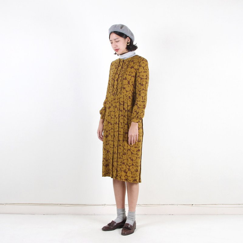 [Vintage] egg plant autumn kapok wool pleated printing vintage dress - One Piece Dresses - Wool Yellow
