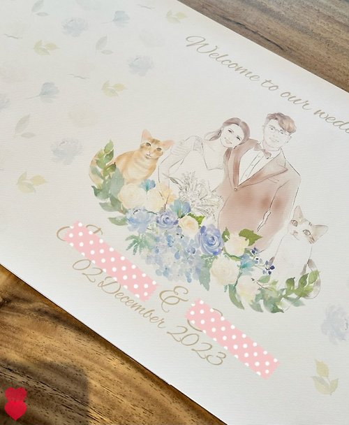 MYLove Design HK 客製化手繪雙人寵物婚禮簽名簽到布 訂製