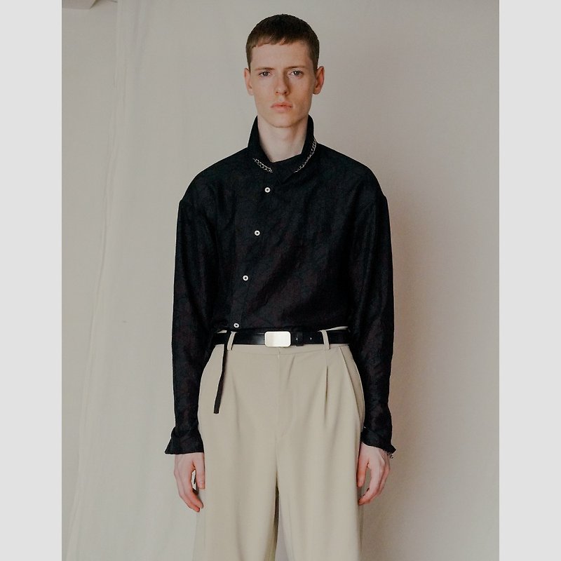 GrainMustard Tencel black glossy jacquard shirt men's Retro high collar asymmet - Men's Shirts - Other Materials Black
