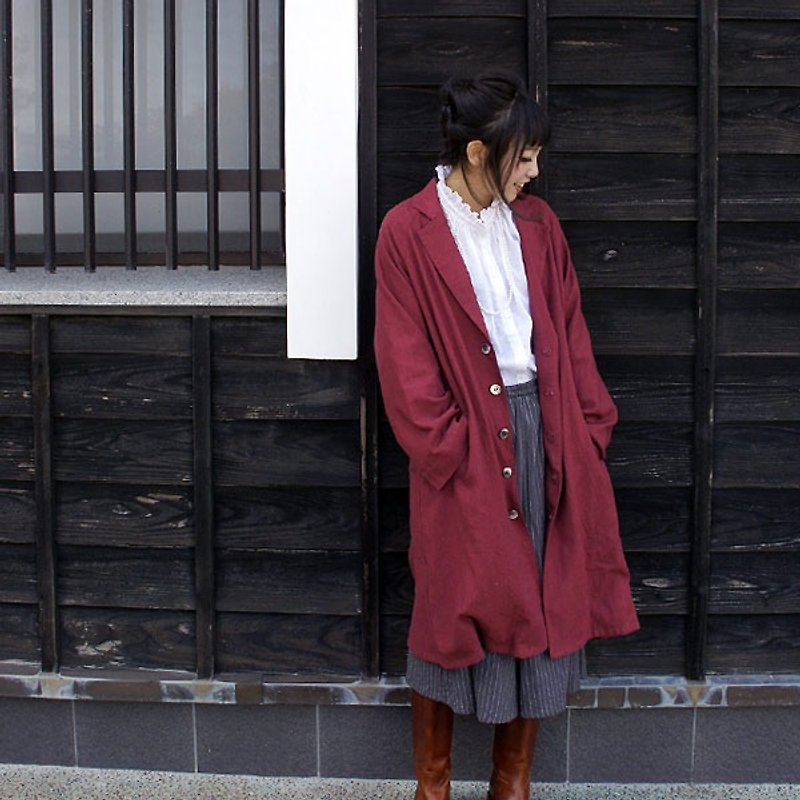 【Discharge】 Slab linen 100% Raglan sleeve long coat * Lined interior / bordeaux - เสื้อแจ็คเก็ต - ผ้าฝ้าย/ผ้าลินิน สีแดง