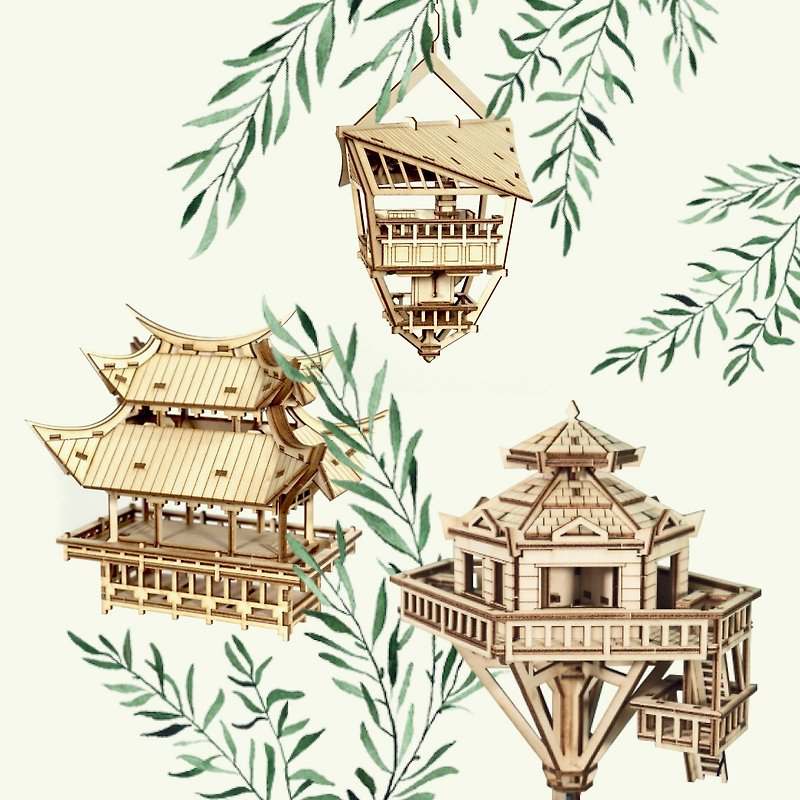 [Three-Piece Special Offer Combination] Small Tree House - Temple of Blessings/Woodland Outpost/Holiday Cabin - Lighting - Wood Khaki