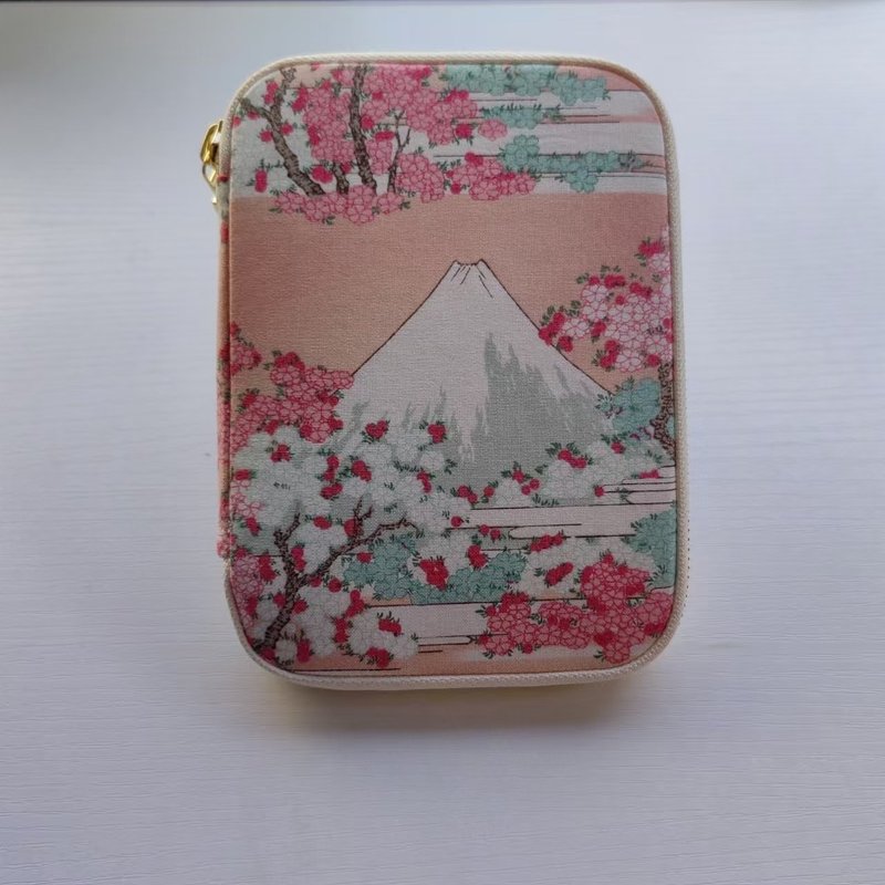 Japanese fabric cherry blossom Fuji mountain handmade pancake bag / passport bag / document storage bag - กระเป๋าคลัทช์ - ผ้าฝ้าย/ผ้าลินิน สึชมพู