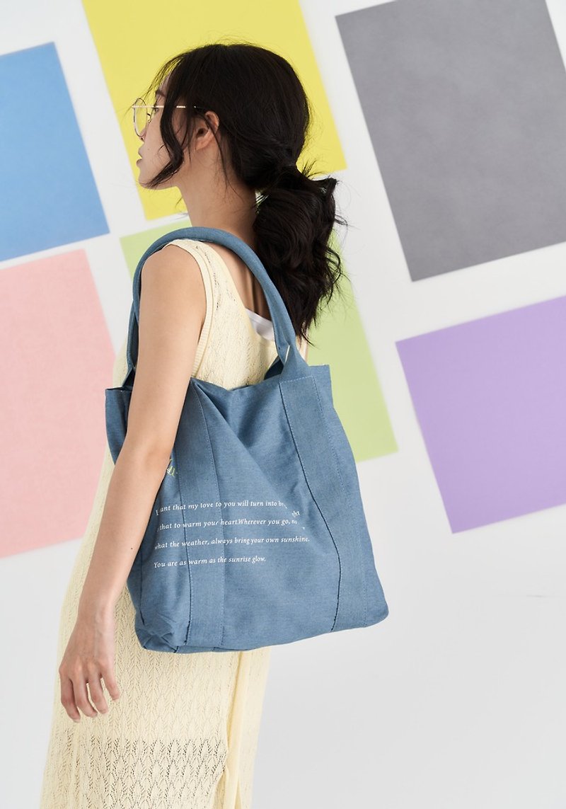 French chic light canvas denim bag - กระเป๋าแมสเซนเจอร์ - ผ้าฝ้าย/ผ้าลินิน สีน้ำเงิน