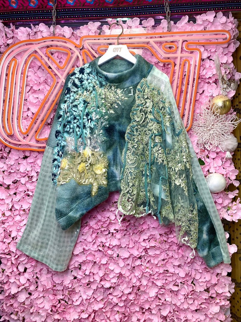 OTT Unique•Unique Japanese tie-dye glitter sequin checkered heavy embroidery lace top sweater - สเวตเตอร์ผู้หญิง - วัสดุอื่นๆ สีเขียว