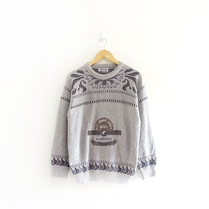 │Slowly│ Fish - vintage sweater │vintage. Vintage. Art - สเวตเตอร์ผู้ชาย - เส้นใยสังเคราะห์ สีเงิน
