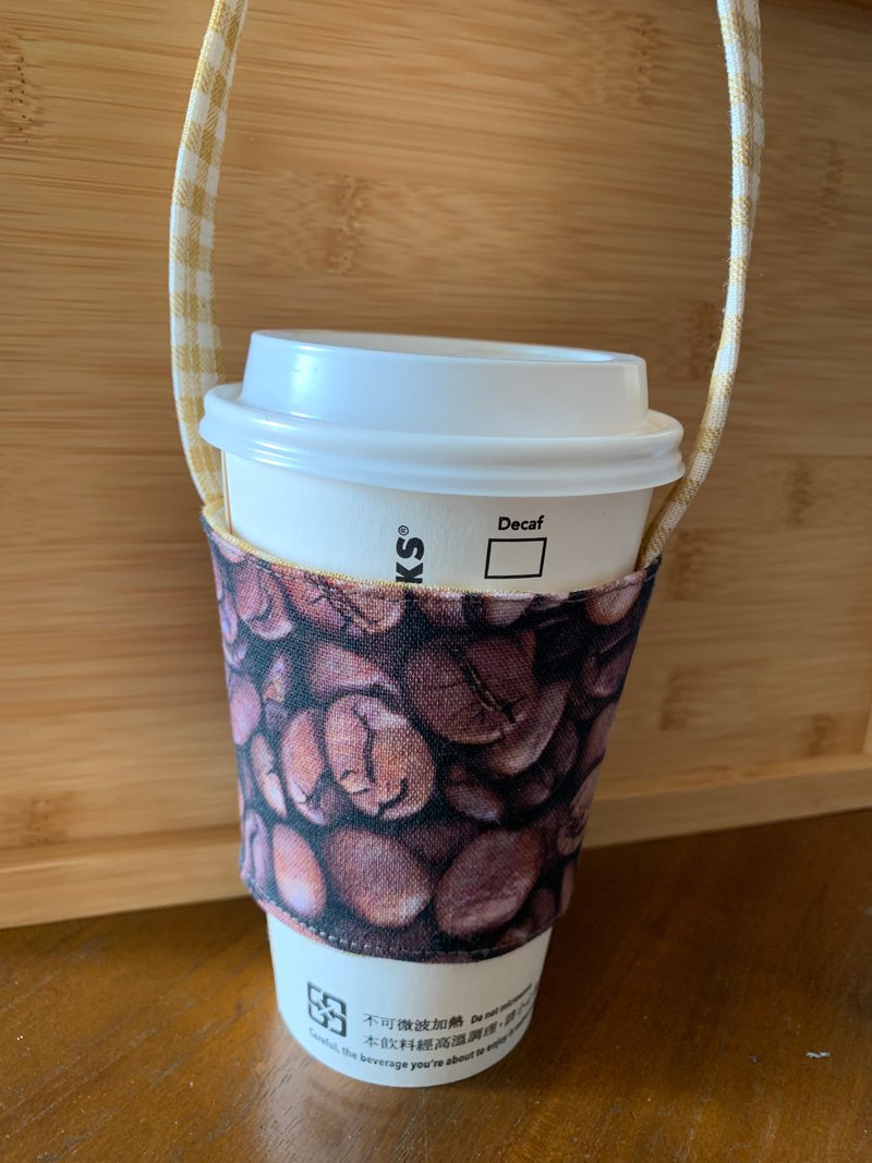 文青風環保手提杯袋 品一杯咖啡 手工雙面 環保飲料袋 吸水 手搖 - 飲料提袋/杯套 - 棉．麻 咖啡色