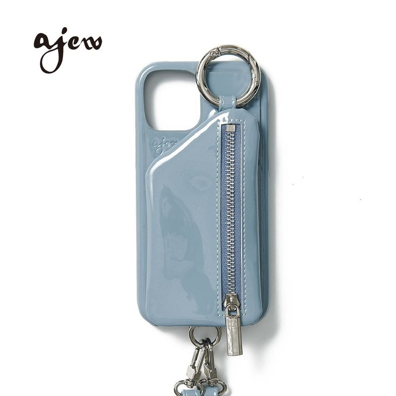 ajew patent 漆皮亮面拉鍊口袋手機殼 / blue(含背帶) - 手機殼/手機套 - 人造皮革 藍色