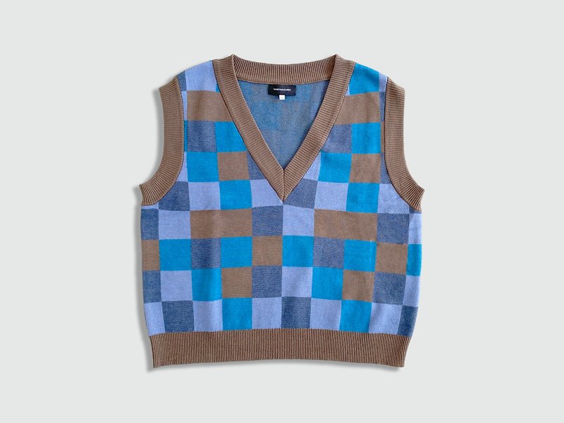 藍色格紋V領針織背心 - 男毛衣/針織衫 - 其他材質 