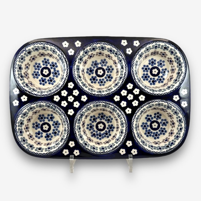 波蘭手繪手工陶-馬芬蛋糕模具 32cm 孔雀眼花系列 入門款 - 盤子/餐盤/盤架 - 陶 藍色