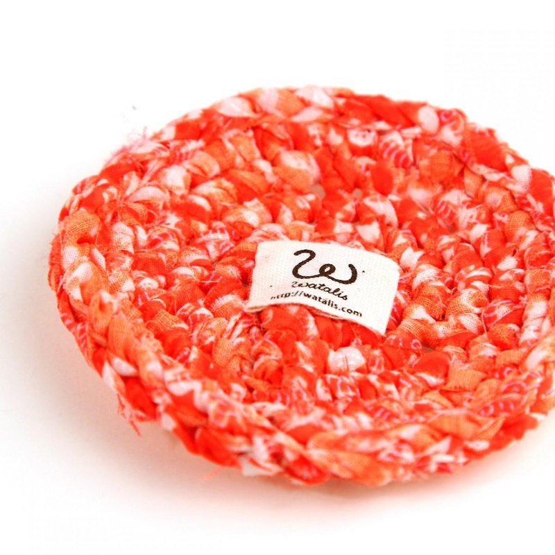 爽やかオレンジ　きもの裂き編みコースター - 杯墊 - 棉．麻 橘色