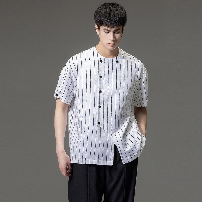 Summer round collar stripe shirts men leisure loose linen short sleeve blouse - เสื้อยืดผู้ชาย - ผ้าฝ้าย/ผ้าลินิน 