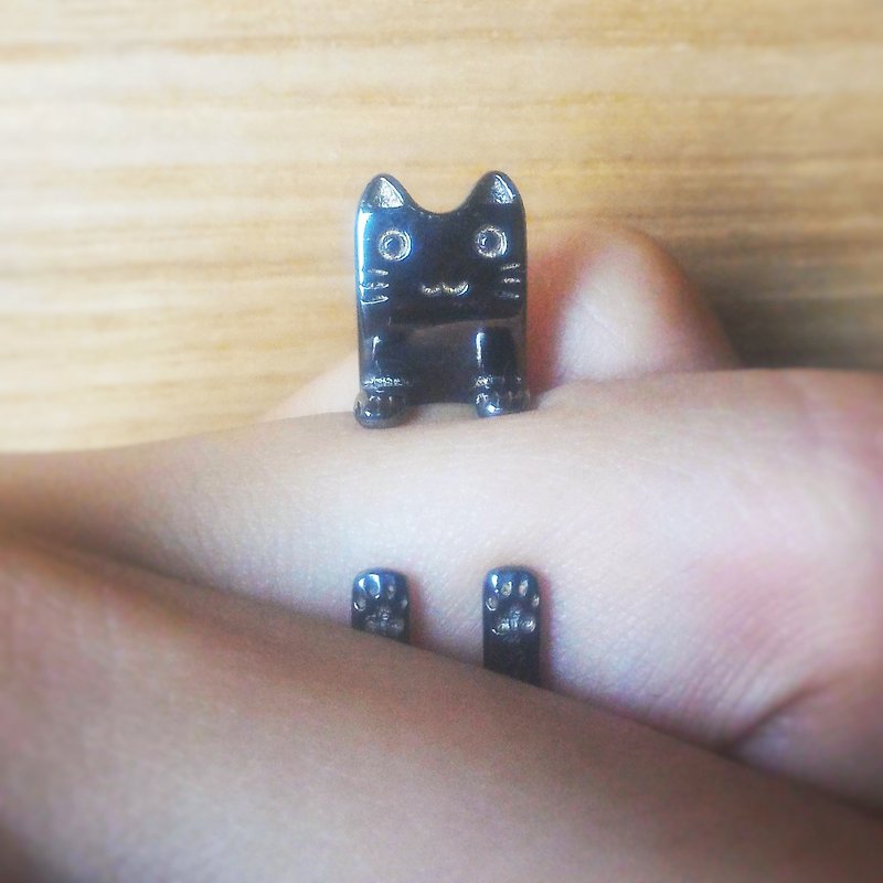 Hugging Kitty Black Plated Silver Open Ring - Special Version - General Rings - Other Metals Black