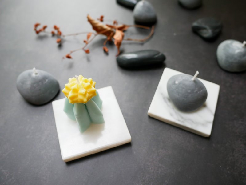 Pebble stone candle and pastel cactus candle set - Candles & Candle Holders - Wax Yellow