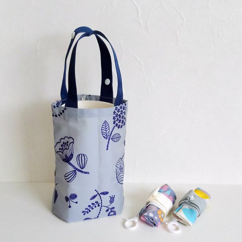 [BDR/Drink Bag] Embroidered printed blue and gray Japanese water-repellent nylon cloth can be stored as a pendant! - ถุงใส่กระติกนำ้ - วัสดุกันนำ้ สีน้ำเงิน