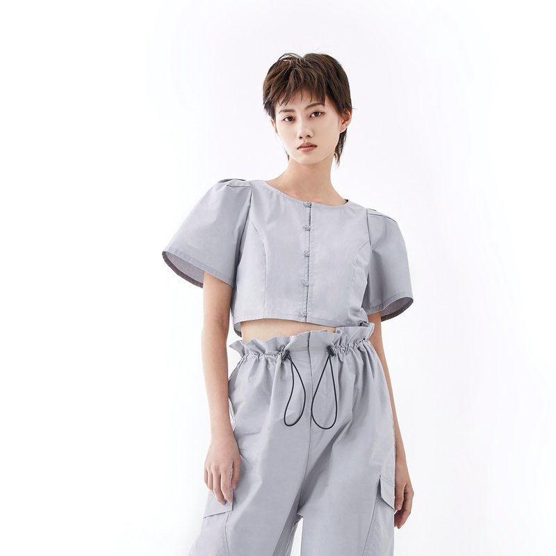 立體拋袖短襯衫 - 女襯衫 - 棉．麻 灰色