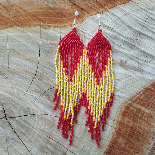 White Bird gallery of exquisite jewelry from Halyna Nalyvaiko Extra long gradient earrings Seed bead earrings Boho ombre earrings Red beaded e