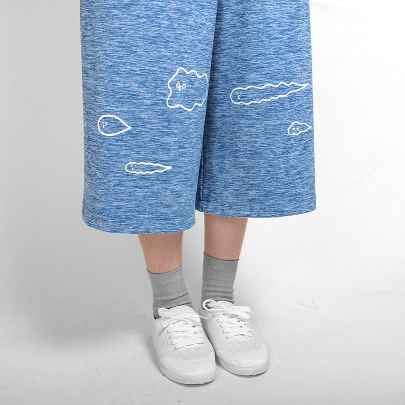 [] HEYSUN unfettered wandering cloud serigraphy light bristles loose pant - Blue twist - กางเกงขายาว - ผ้าฝ้าย/ผ้าลินิน สีน้ำเงิน