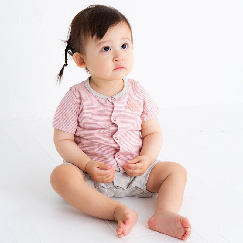 Y-8004 100% Organic Cotton Tenjiku Short Sleeve Rompers Separate Style Red Adaptation Height 70cm-80cm One Size Popkins Baby Made in Japan - ชุดทั้งตัว - ผ้าฝ้าย/ผ้าลินิน สีแดง