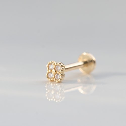 CHARIS GRACE 14K 四葉鑽鎖珠耳環 (前鎖 平底 圓餅) (單個) 碰水流汗不褪色