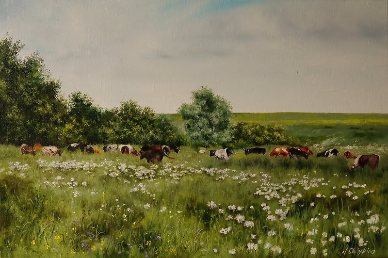 Cows in a field ORIGINAL OIL PAINTING Large Landscape, Grassland with Grazing - ตกแต่งผนัง - วัสดุอื่นๆ สีเขียว