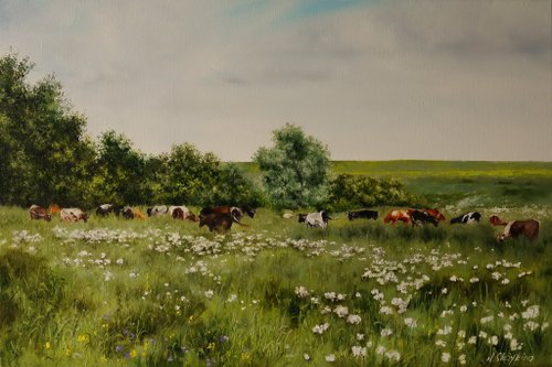 GalleryPaintingsArt Cows in a field ORIGINAL OIL PAINTING Large Landscape, Grassland with Grazing