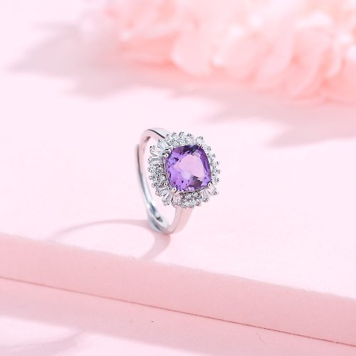 Pink Laboratory 粉紅製造 紫水晶公主方形戒指 | 925純銀精鍍亮澤白金戒指